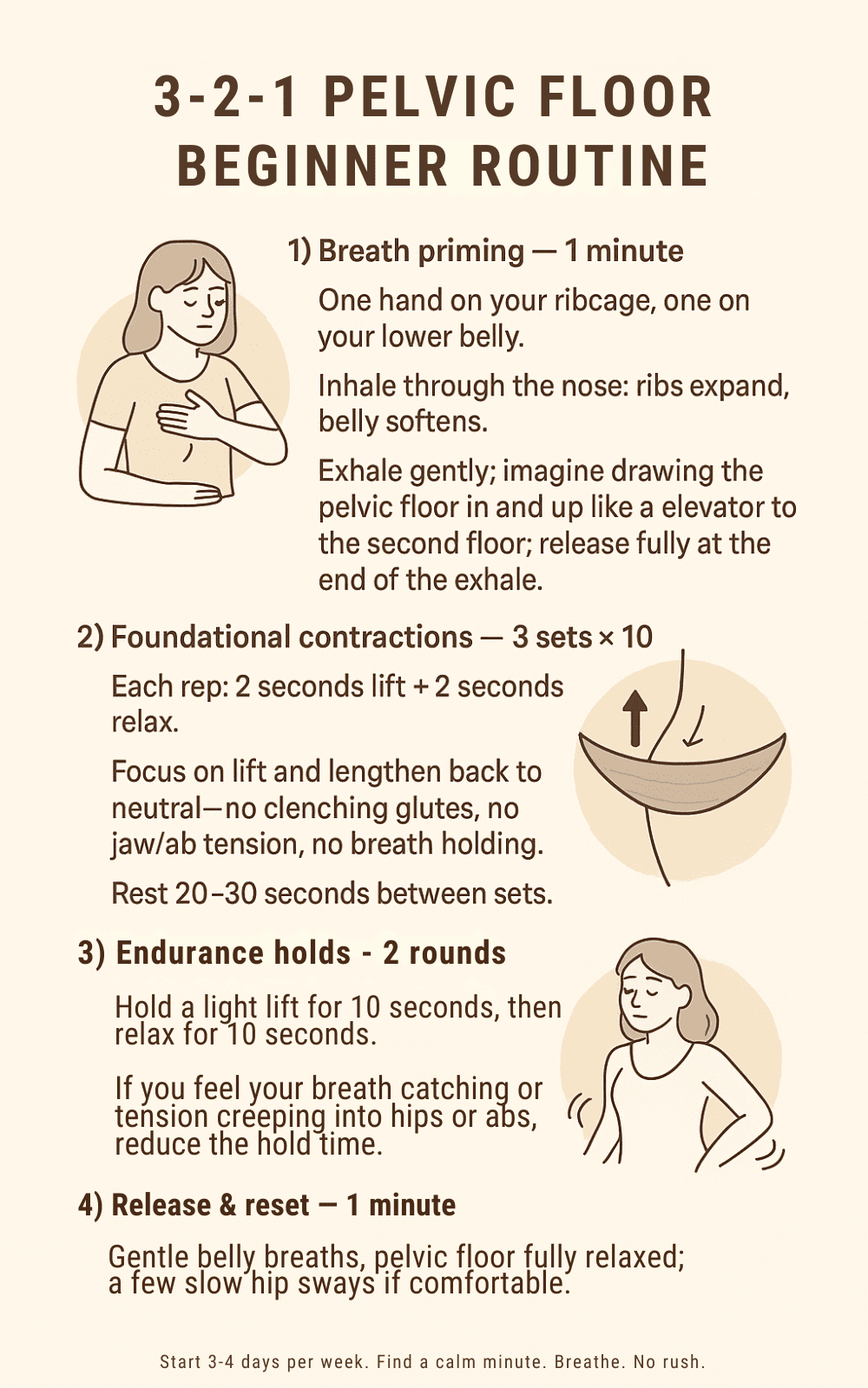 Infographic banner showing the 3-2-1 beginner pelvic floor routine with breath priming, contractions, endurance holds, and release.