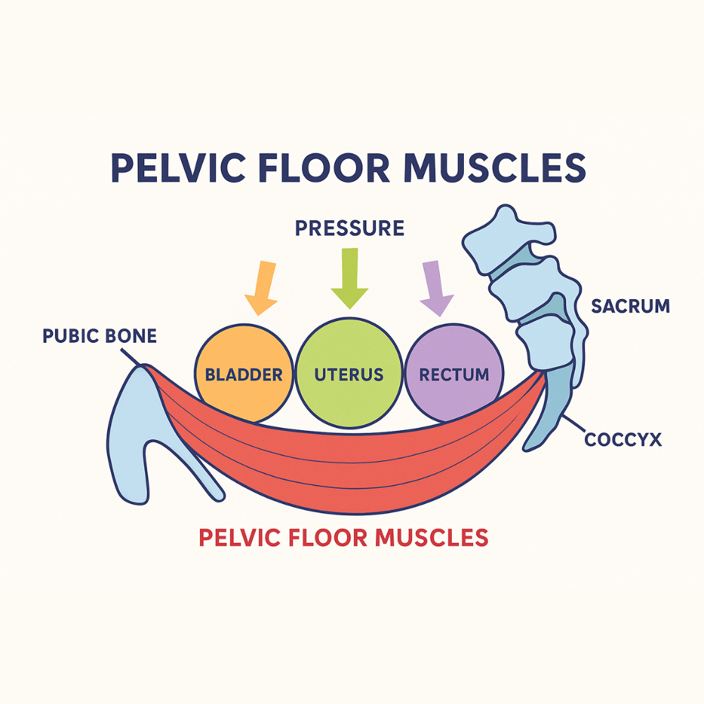 Illustration of pelvic floor muscles supporting bladder, uterus, and rectum between pubic bone, sacrum, and coccyx