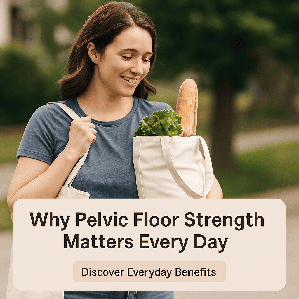 Woman lifting groceries, jogging, and playing with child, showing everyday benefits of strong pelvic floor muscles.