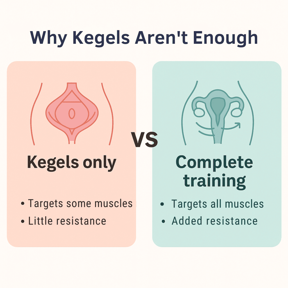 Comparison chart showing the benefits of Kegels versus a complete pelvic floor training regimen.