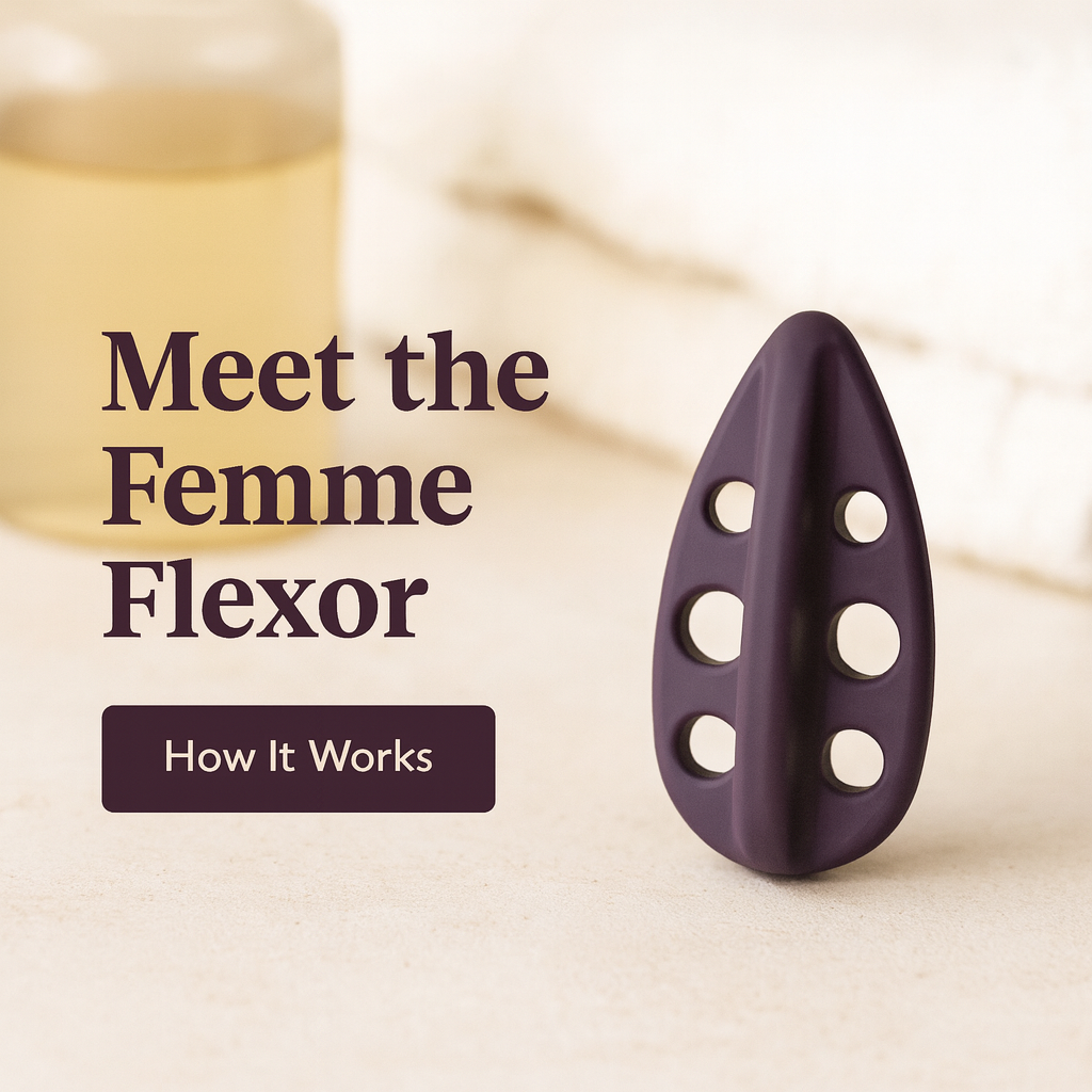 Banner showing the Femme Flexor pelvic floor trainer on soft pastel background with space for headline and call to action.